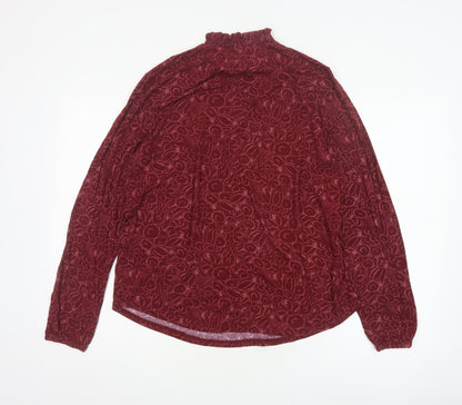 Lands' End Women Red L Floral High Neck Long Sleeve Stretch Blouse