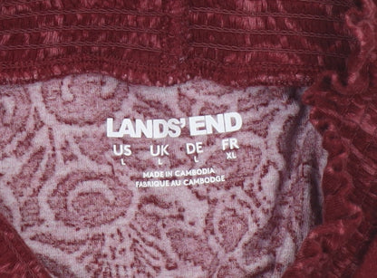Lands' End Women Red L Floral High Neck Long Sleeve Stretch Blouse