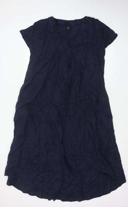 John Lewis Women Blue Linen Size 12 A-Line Long V-Neck Dress