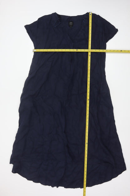 John Lewis Women Blue Linen Size 12 A-Line Long V-Neck Dress