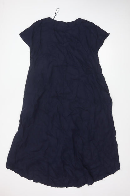 John Lewis Women Blue Linen Size 12 A-Line Long V-Neck Dress