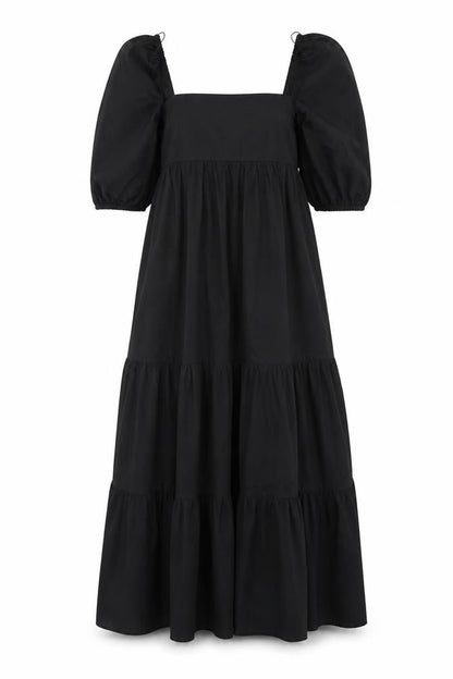 Zara Women Black XS Maxi Dress Square Neck Puff Sleeve Tiered Cotton