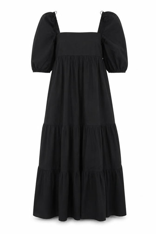 Zara Women Black XS Maxi Dress Square Neck Puff Sleeve Tiered Cotton