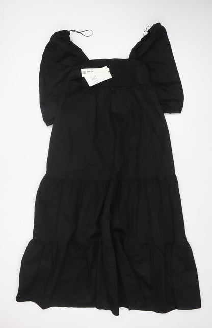 Zara Women Black XS Maxi Dress Square Neck Puff Sleeve Tiered Cotton
