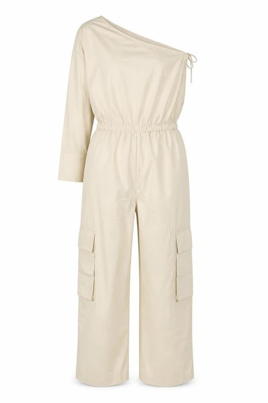 Zara Women Beige UK 14 One Shoulder Cotton Wide Leg Utility Jumpsuit