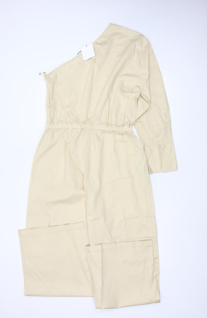 Zara Women Beige UK 14 One Shoulder Cotton Wide Leg Utility Jumpsuit