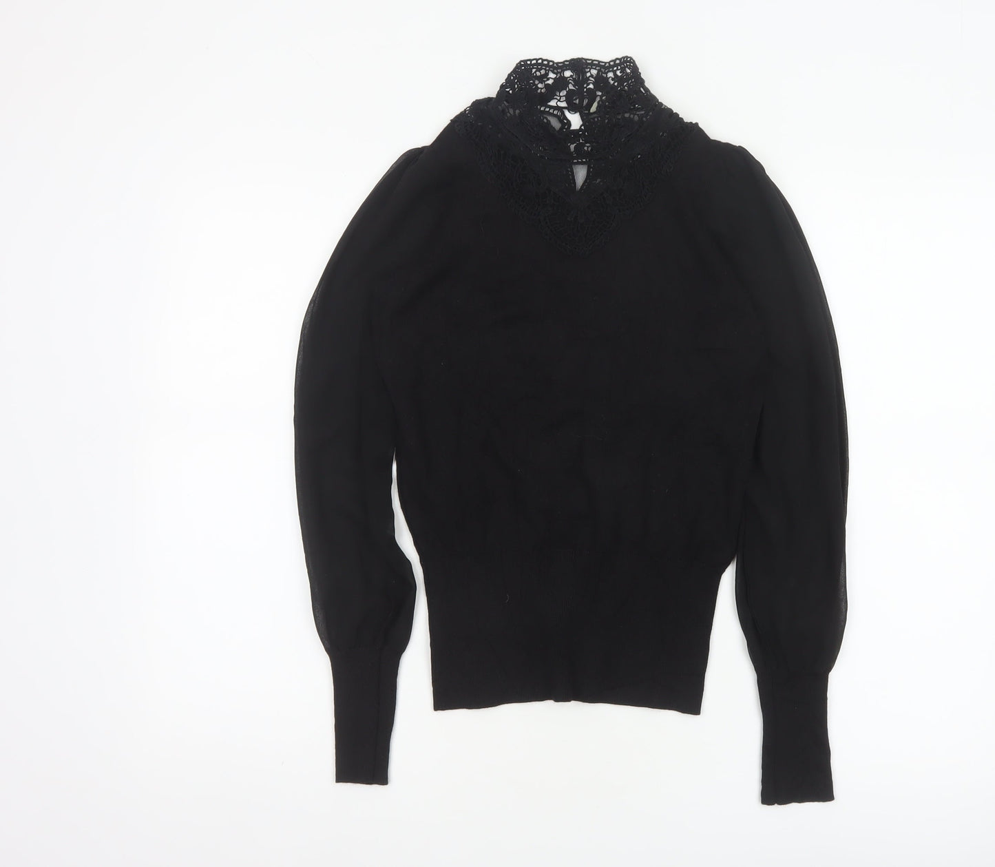Oasis Women Black XS Lace High Neck Balloon Sleeve Knit Jumper
