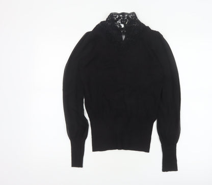 Oasis Women Black XS Lace High Neck Balloon Sleeve Knit Jumper