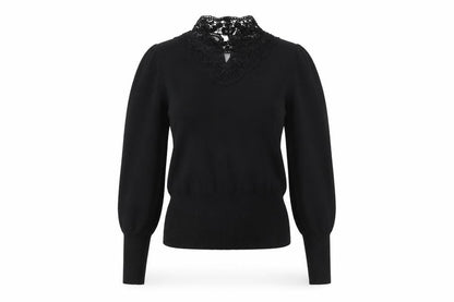 Oasis Women Black XS Lace High Neck Balloon Sleeve Knit Jumper
