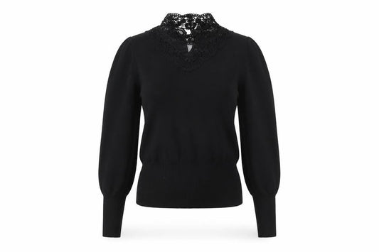 Oasis Women Black XS Lace High Neck Balloon Sleeve Knit Jumper