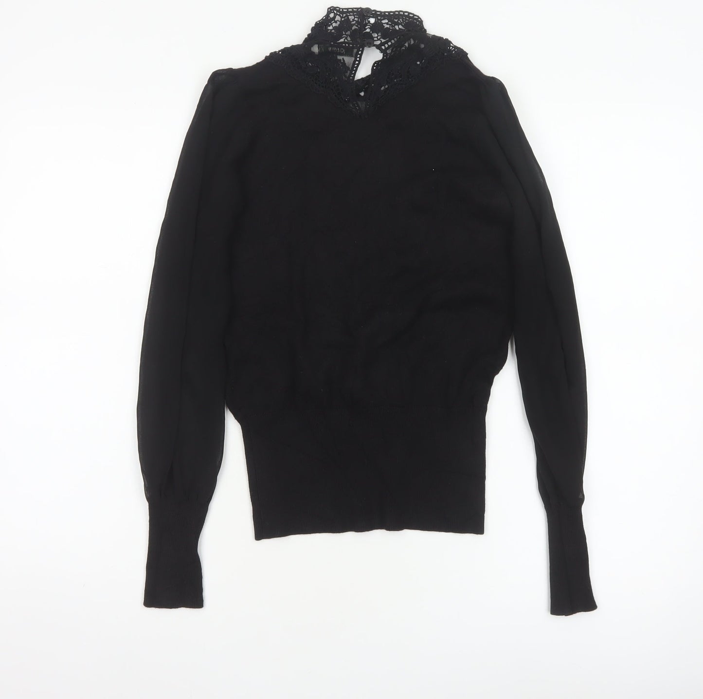Oasis Women Black XS Lace High Neck Balloon Sleeve Knit Jumper