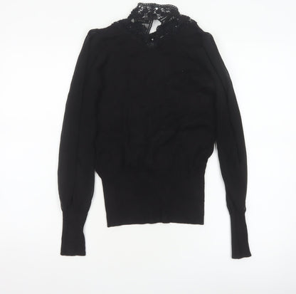 Oasis Women Black XS Lace High Neck Balloon Sleeve Knit Jumper