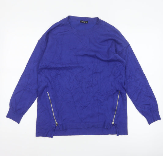 Dunnes Women Blue S Fine Knit Crew Neck Zip Hem Jumper