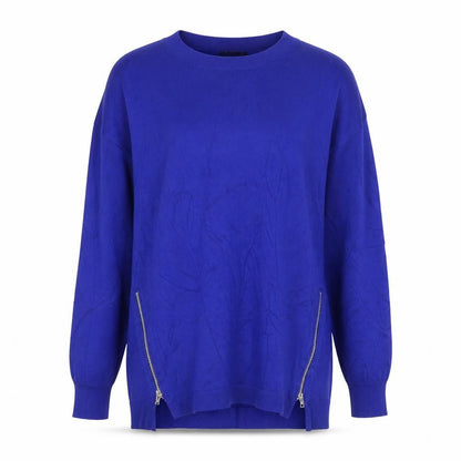 Front view of Dunnes Women Blue S Fine Knit Crew Neck Zip Hem Jumper