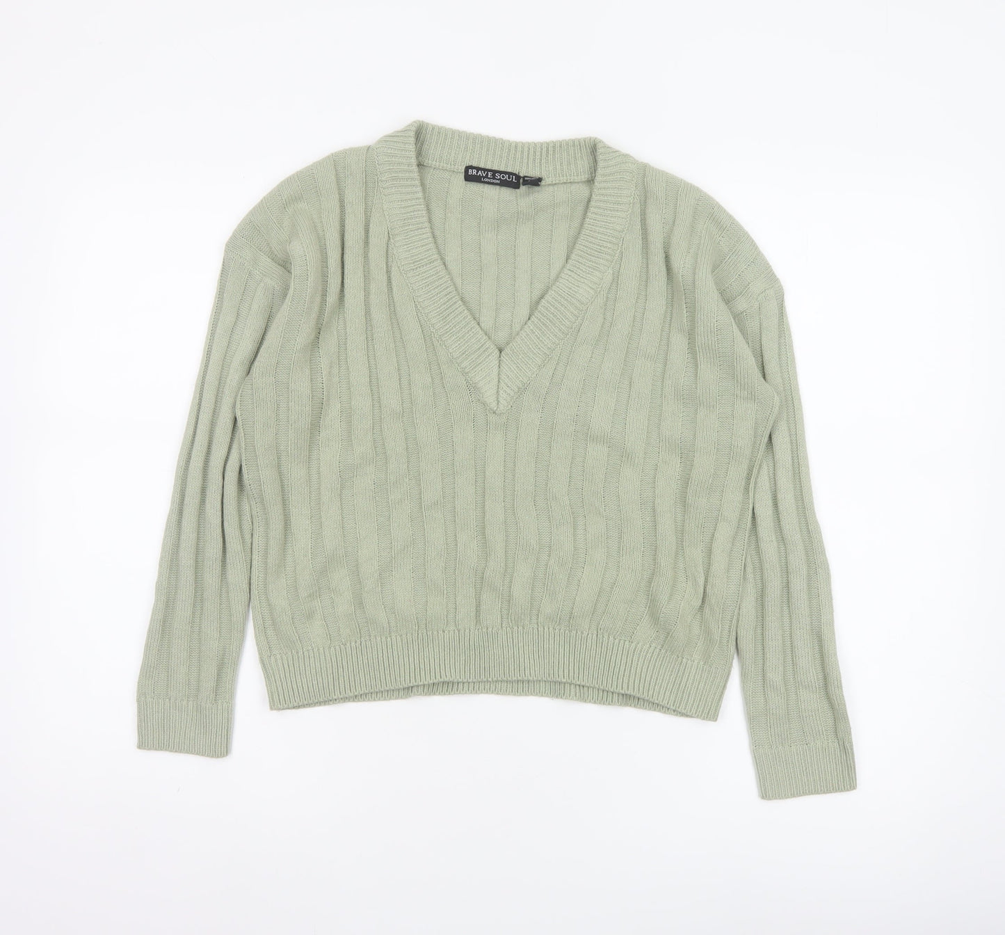 Brave Soul Women Green Size 8 V-Neck Cable Knit Pullover Jumper