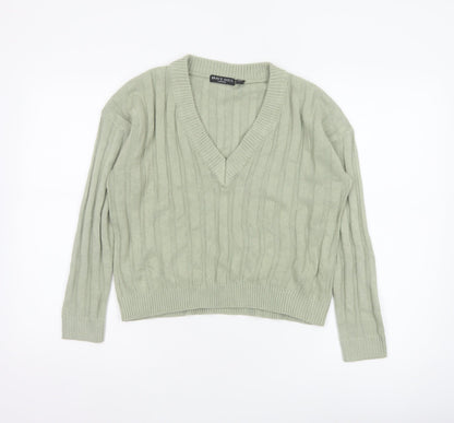 Brave Soul Women Green Size 8 V-Neck Cable Knit Pullover Jumper