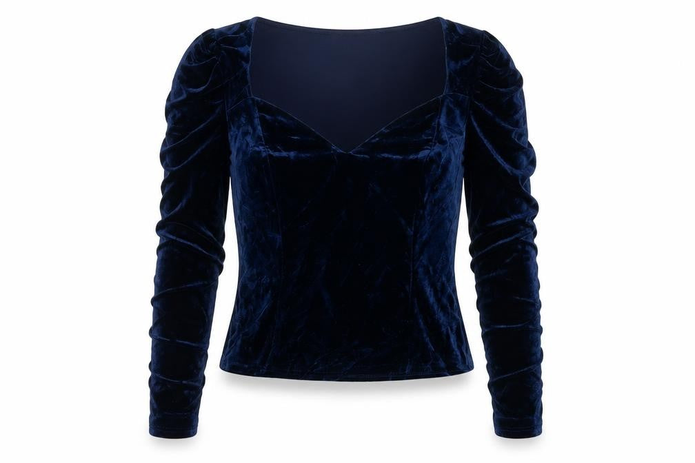 River Island Women Blue Velvet V-Neck Cropped Blouse Size 10
