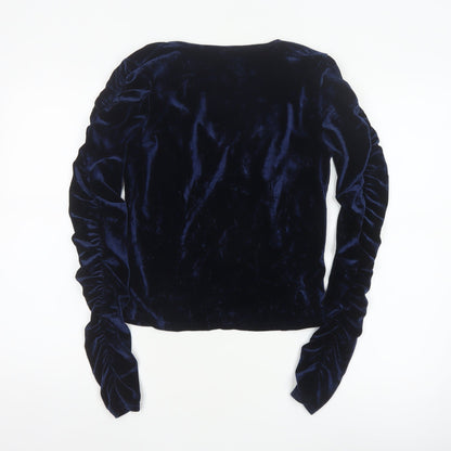 River Island Women Blue Velvet V-Neck Cropped Blouse Size 10