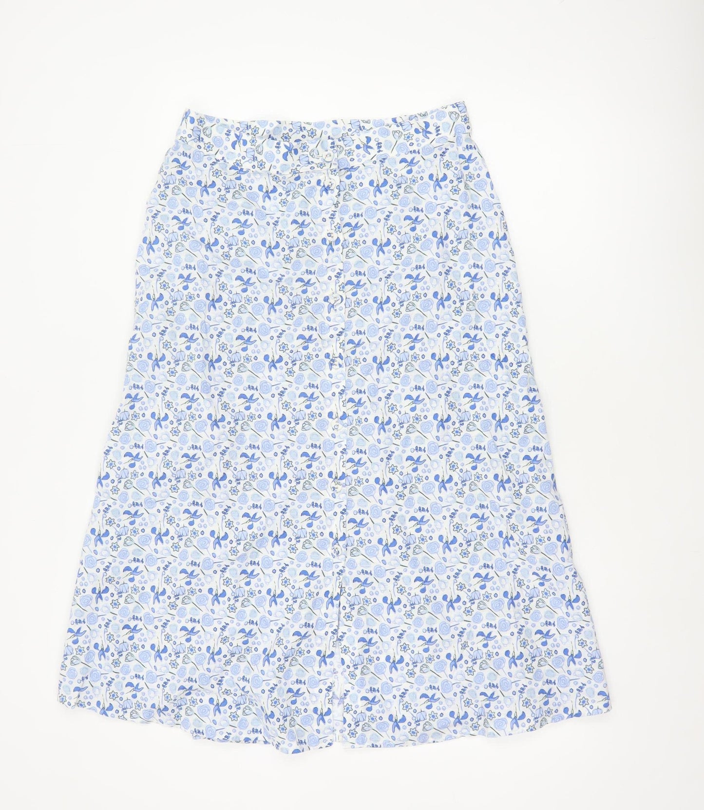 M&S Women Blue Floral Cotton Midi A-Line Button Skirt UK 12