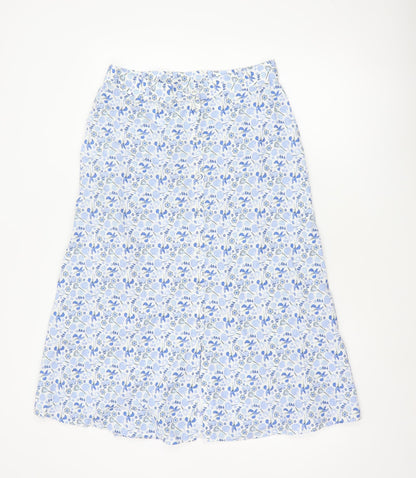 M&S Women Blue Floral Cotton Midi A-Line Button Skirt UK 12