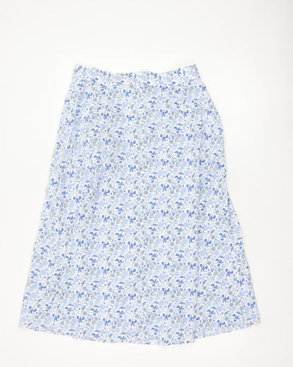 M&S Women Blue Floral Cotton Midi A-Line Button Skirt UK 12