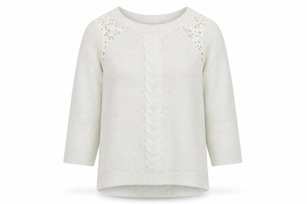 Oasis Women Ivory M Cable Knit Crochet Raglan Crew Neck Jumper