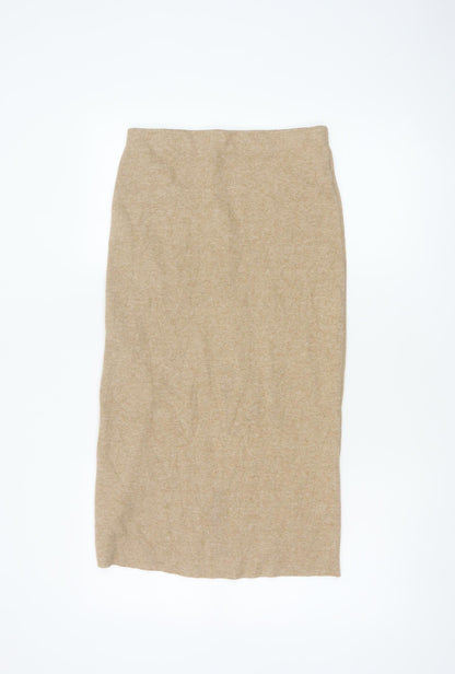 Zara Women Beige S Knit Midi Pencil Skirt Elastic Waist Stretch
