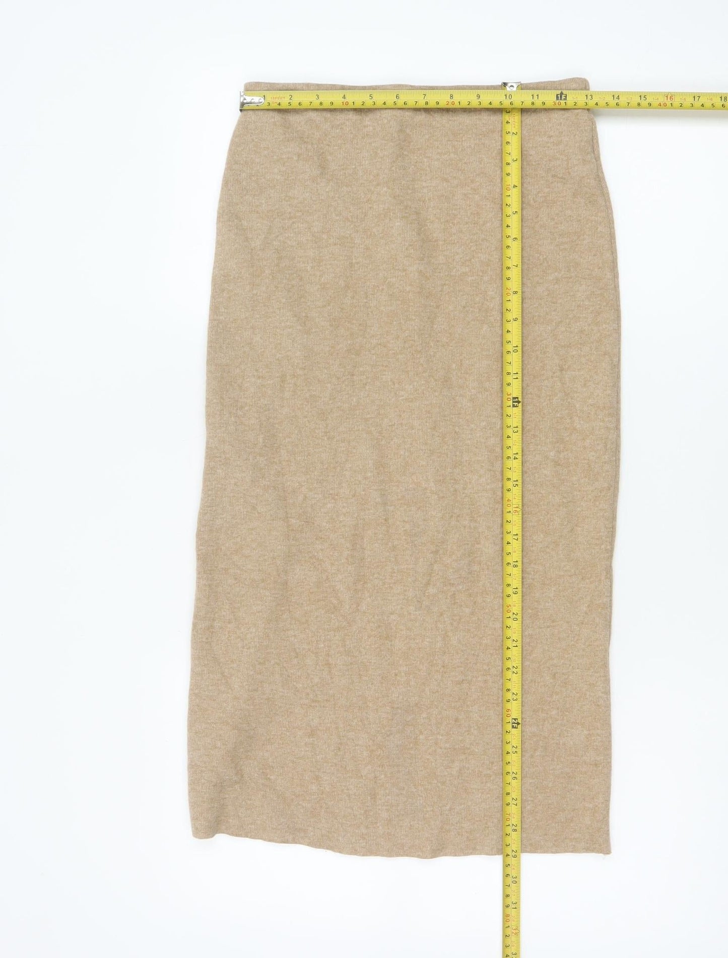 Zara Women Beige S Knit Midi Pencil Skirt Elastic Waist Stretch