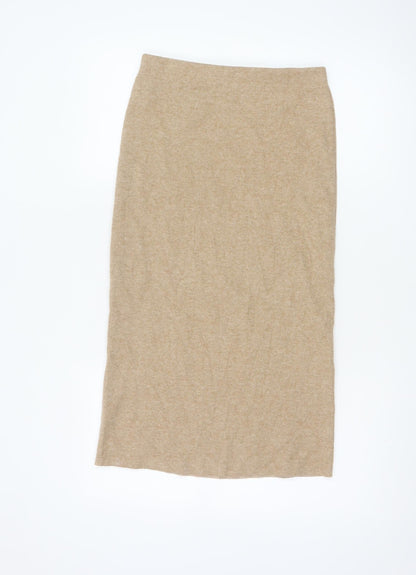 Zara Women Beige S Knit Midi Pencil Skirt Elastic Waist Stretch