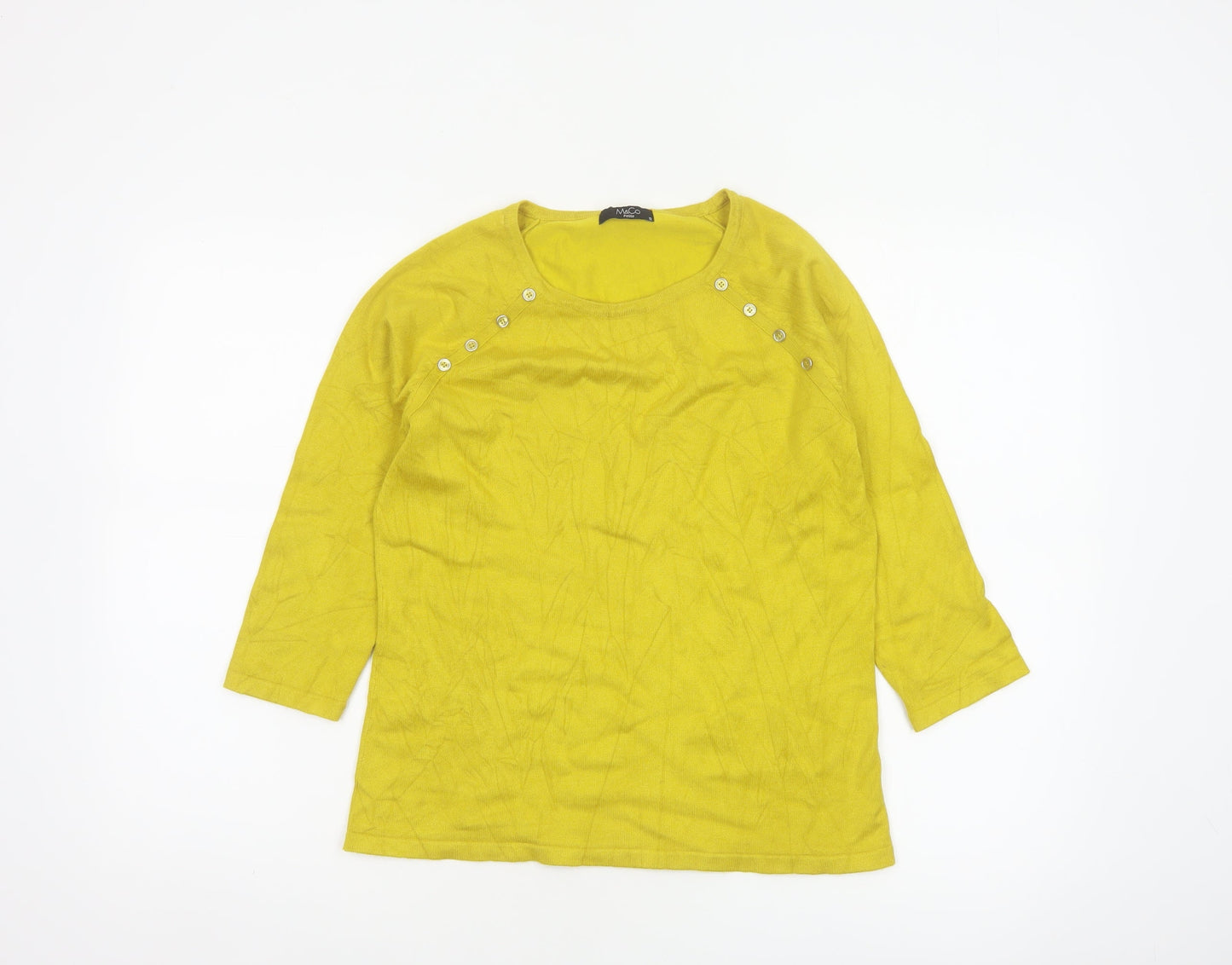M&Co Women Yellow Petite UK 12 Button Detail 3/4 Sleeve Jumper