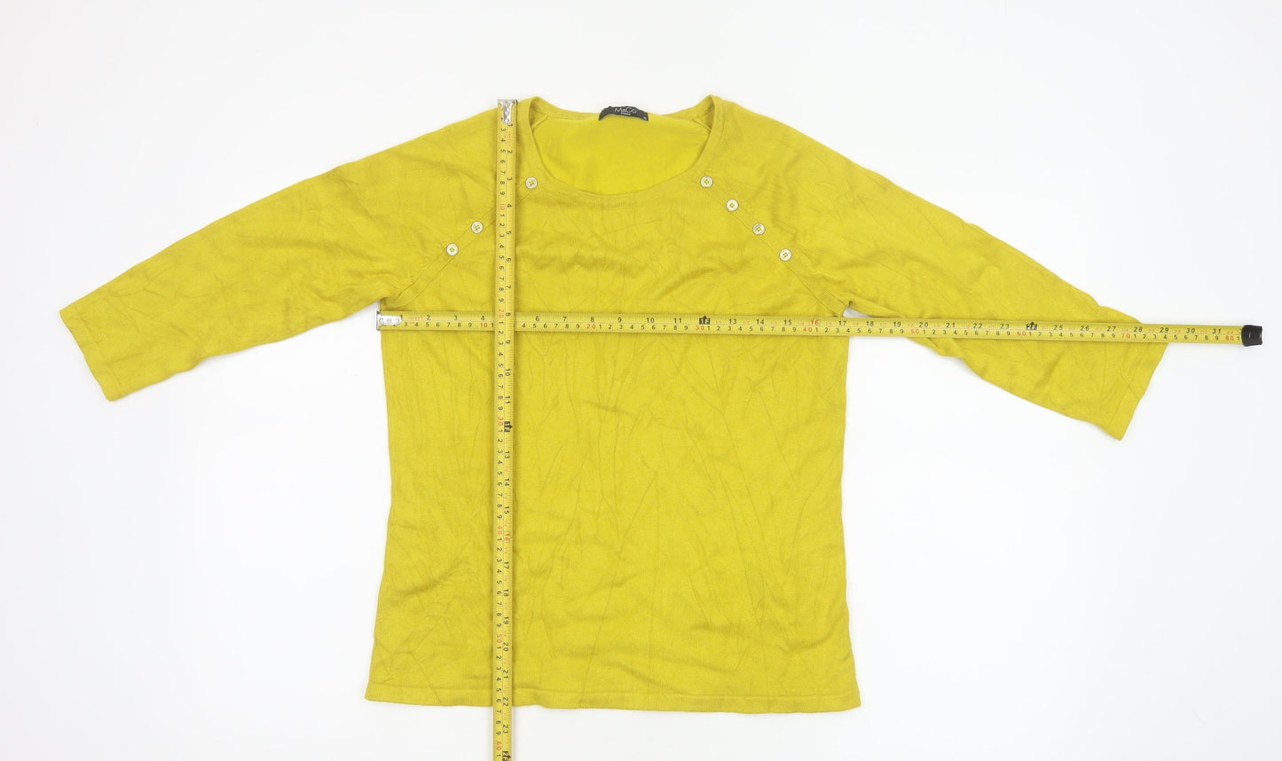 M&Co Women Yellow Petite UK 12 Button Detail 3/4 Sleeve Jumper