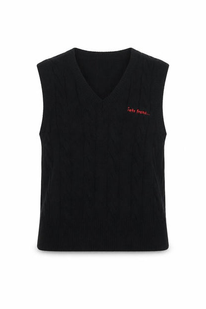 iets frans... Women Black M Cable Knit V-Neck Sleeveless Jumper Vest