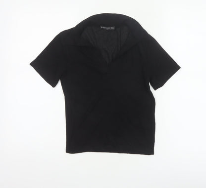 Stradivarius Women Black S Ribbed Collared Short Sleeve Polo Top