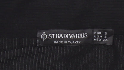 Stradivarius Women Black S Ribbed Collared Short Sleeve Polo Top