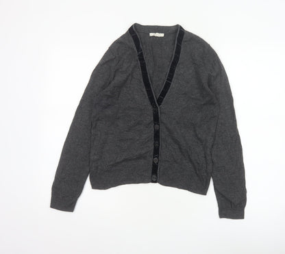 White Stuff Women's Grey UK 12 Merino Cotton V-Neck Velvet Trim Cardigan