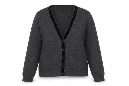 White Stuff Women's Grey UK 12 Merino Cotton V-Neck Velvet Trim Cardigan