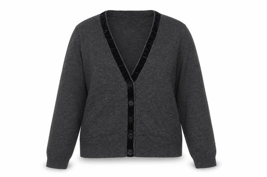 White Stuff Women's Grey UK 12 Merino Cotton V-Neck Velvet Trim Cardigan