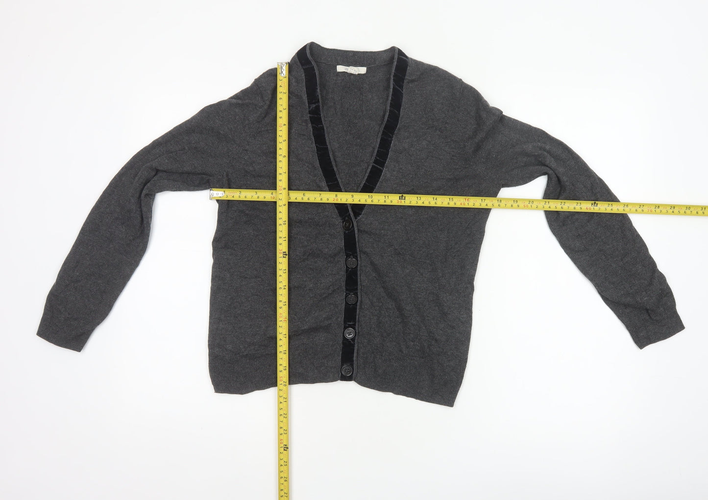 White Stuff Women's Grey UK 12 Merino Cotton V-Neck Velvet Trim Cardigan