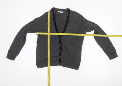 White Stuff Women's Grey UK 12 Merino Cotton V-Neck Velvet Trim Cardigan