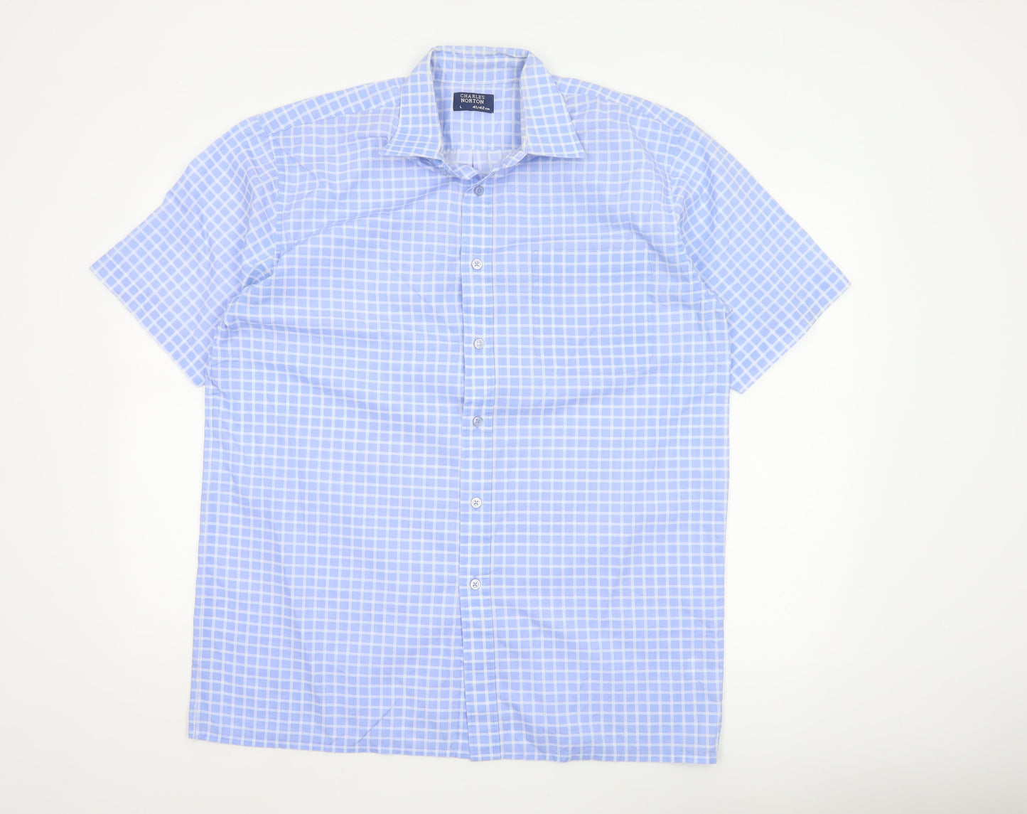 Charles Norton Men's Blue Check Short Sleeve Shirt L 41/42cm Button-Up