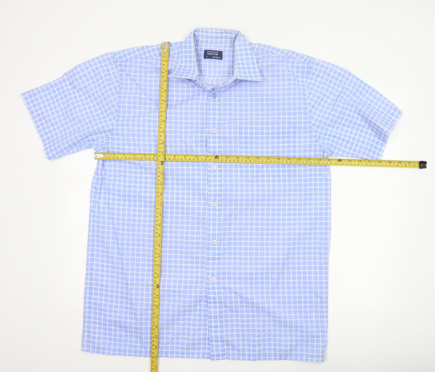 Charles Norton Men's Blue Check Short Sleeve Shirt L 41/42cm Button-Up