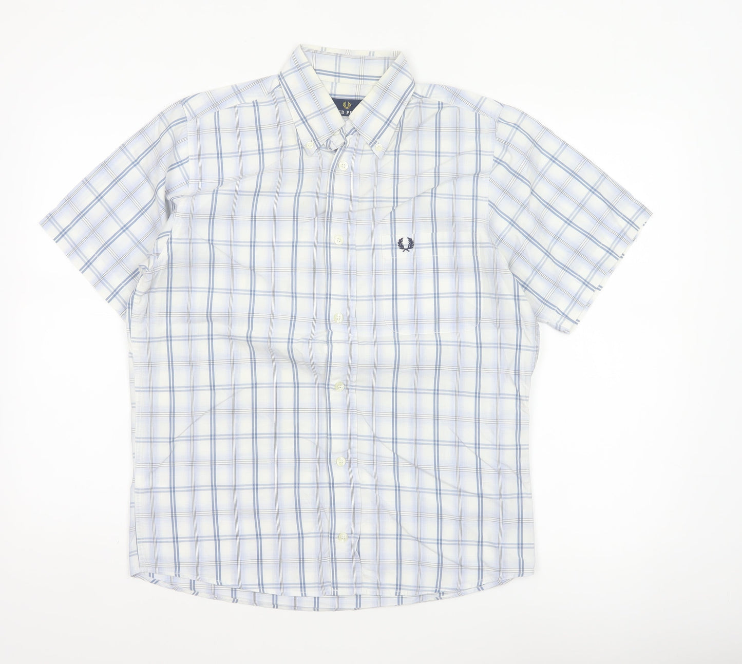 Fred Perry Men’s White Blue Check Cotton S Button-Down Short Sleeve Shirt
