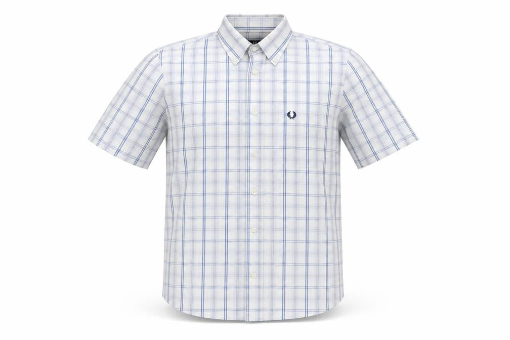 Fred Perry Men’s White Blue Check Cotton S Button-Down Short Sleeve Shirt