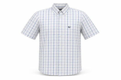 Fred Perry Men’s White Blue Check Cotton S Button-Down Short Sleeve Shirt