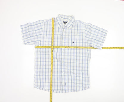 Fred Perry Men’s White Blue Check Cotton S Button-Down Short Sleeve Shirt