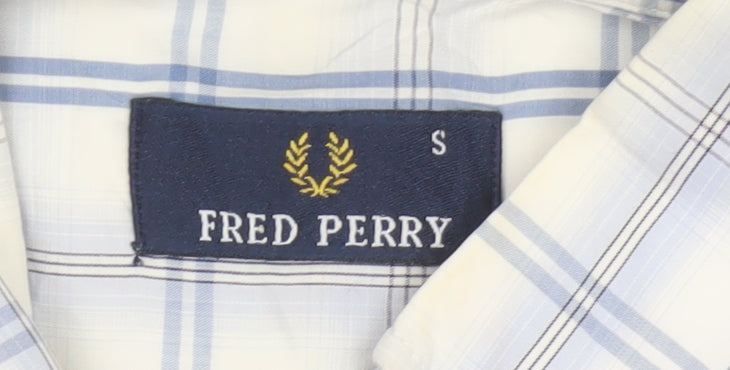 Fred Perry Men’s White Blue Check Cotton S Button-Down Short Sleeve Shirt