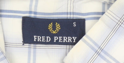 Fred Perry Men’s White Blue Check Cotton S Button-Down Short Sleeve Shirt