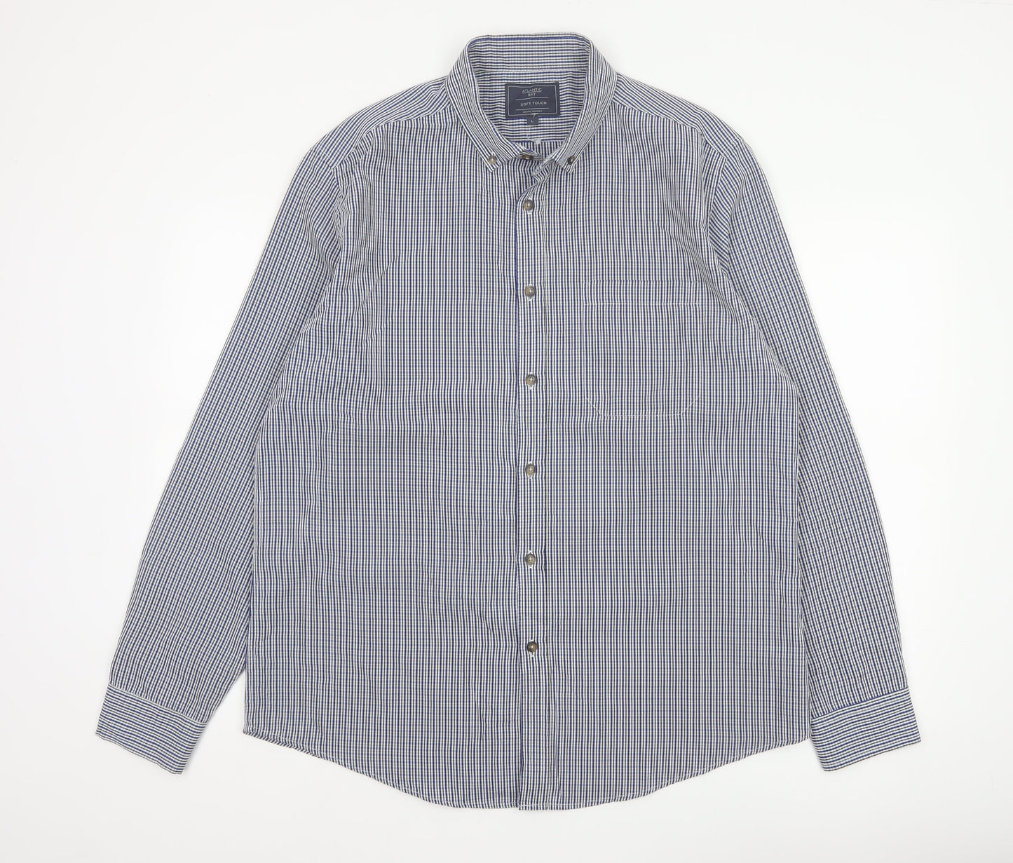 Atlantic Bay Men's Blue Check Button Down Shirt L Long Sleeve Polyester