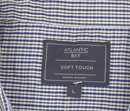 Atlantic Bay Men's Blue Check Button Down Shirt L Long Sleeve Polyester