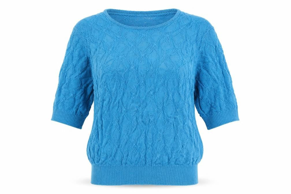 Front view of Jaeger Women’s Blue Silk Cotton Cable Knit Short Sleeve Jumper M